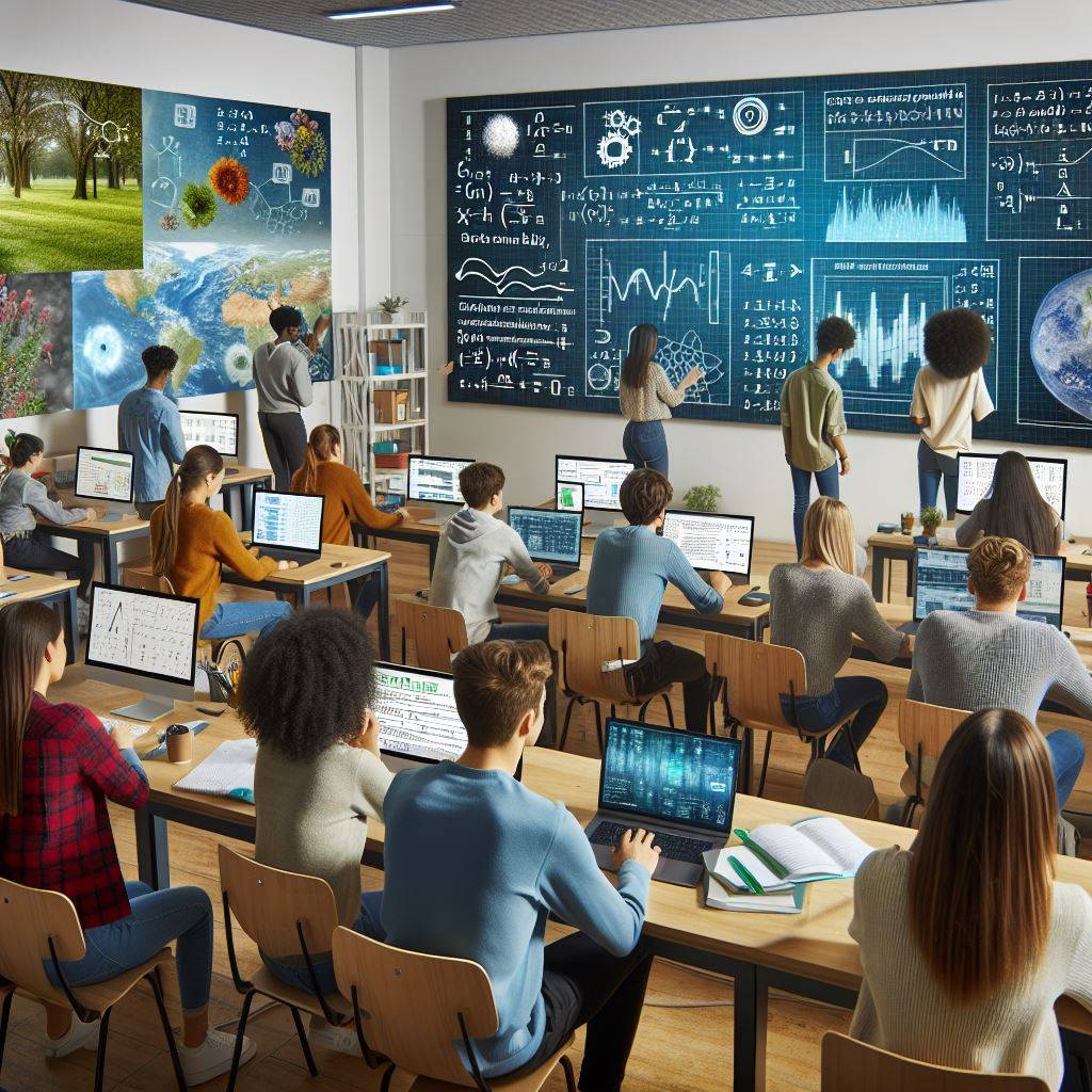 children in the classroom at their desk and at the board.